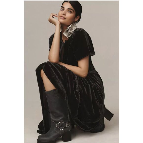 NWT Anthropologie Somerset Gray Tiered v neck velvet maxi dress XXS - Picture 2 of 14